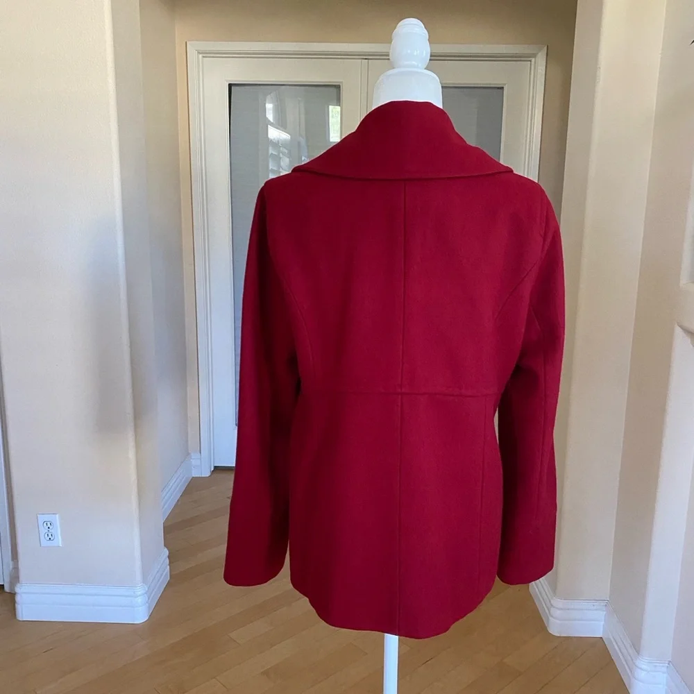 Michael Kors Wool Blend Double Breasted Burgandy Red Pea Coat with Logo Buttons